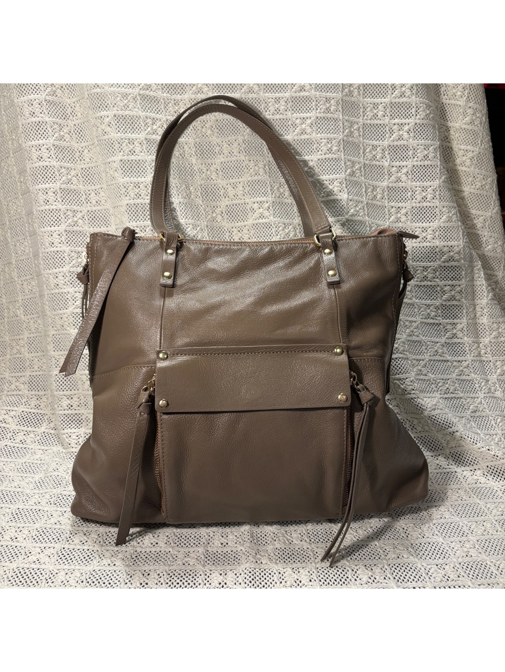 Kooba Buttery Soft Leather Taupe Tote Bag with Front Pocket and Gold Hardware